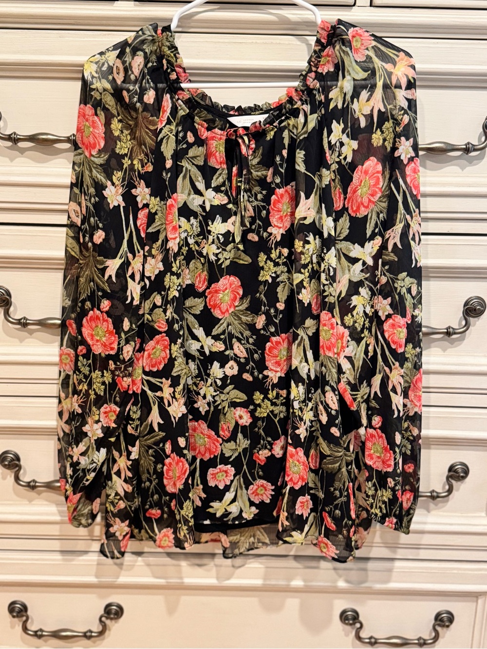 LC Lauren Conrad Black Floral Peasant Blouse with Pink & Green Accent